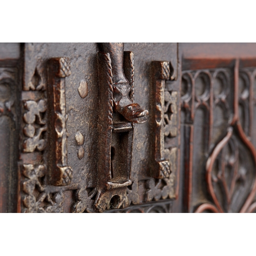 67 - AN EXCEPTIONAL GOTHIC WALNUT TRACERY CARVED DOCUMENTS BOX, SPANISH, CIRCA 1470-1500. Rare Gothic Wal... 