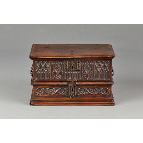 67 - AN EXCEPTIONAL GOTHIC WALNUT TRACERY CARVED DOCUMENTS BOX, SPANISH, CIRCA 1470-1500. Rare Gothic Wal... 