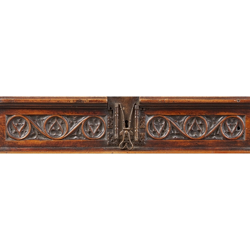 67 - AN EXCEPTIONAL GOTHIC WALNUT TRACERY CARVED DOCUMENTS BOX, SPANISH, CIRCA 1470-1500. Rare Gothic Wal... 