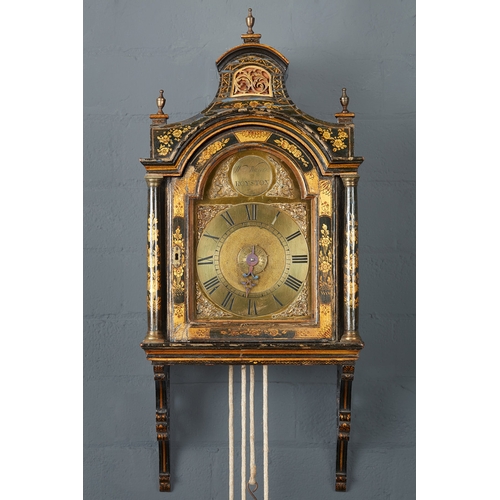 7 - A GEORGE III LACQUERED WALL/ALARM CLOCK BY WILLIAM WARREN OF ROYSTON, CIRCA 1760. The pagoda hood wi... 