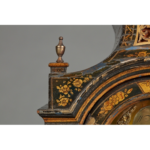 7 - A GEORGE III LACQUERED WALL/ALARM CLOCK BY WILLIAM WARREN OF ROYSTON, CIRCA 1760. The pagoda hood wi... 