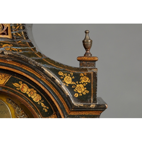 7 - A GEORGE III LACQUERED WALL/ALARM CLOCK BY WILLIAM WARREN OF ROYSTON, CIRCA 1760. The pagoda hood wi... 