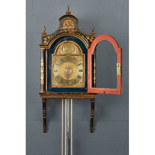 7 - A GEORGE III LACQUERED WALL/ALARM CLOCK BY WILLIAM WARREN OF ROYSTON, CIRCA 1760. The pagoda hood wi... 