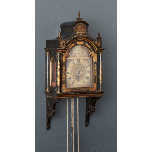 7 - A GEORGE III LACQUERED WALL/ALARM CLOCK BY WILLIAM WARREN OF ROYSTON, CIRCA 1760. The pagoda hood wi... 