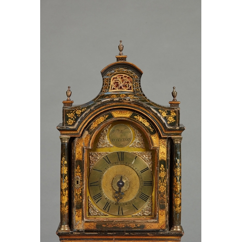 7 - A GEORGE III LACQUERED WALL/ALARM CLOCK BY WILLIAM WARREN OF ROYSTON, CIRCA 1760. The pagoda hood wi... 