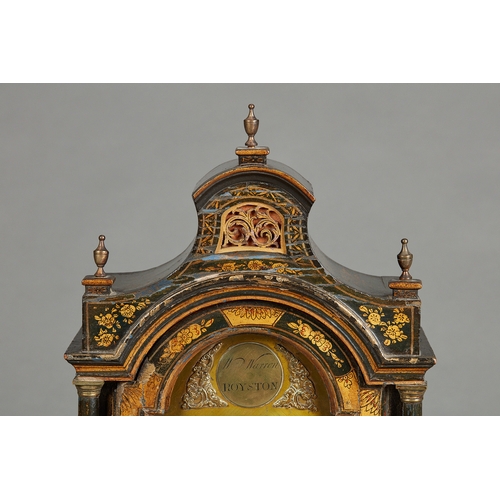 7 - A GEORGE III LACQUERED WALL/ALARM CLOCK BY WILLIAM WARREN OF ROYSTON, CIRCA 1760. The pagoda hood wi... 