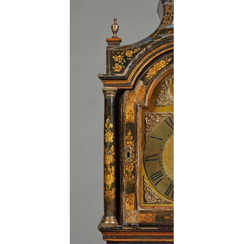 7 - A GEORGE III LACQUERED WALL/ALARM CLOCK BY WILLIAM WARREN OF ROYSTON, CIRCA 1760. The pagoda hood wi... 