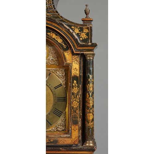 7 - A GEORGE III LACQUERED WALL/ALARM CLOCK BY WILLIAM WARREN OF ROYSTON, CIRCA 1760. The pagoda hood wi... 