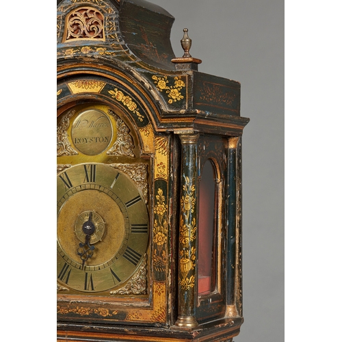 7 - A GEORGE III LACQUERED WALL/ALARM CLOCK BY WILLIAM WARREN OF ROYSTON, CIRCA 1760. The pagoda hood wi... 