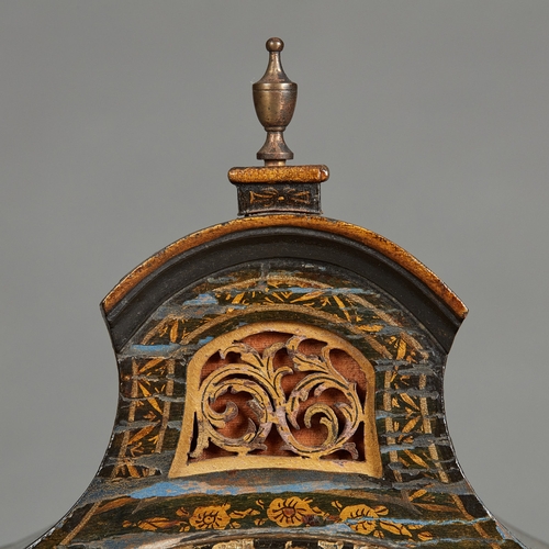 7 - A GEORGE III LACQUERED WALL/ALARM CLOCK BY WILLIAM WARREN OF ROYSTON, CIRCA 1760. The pagoda hood wi... 