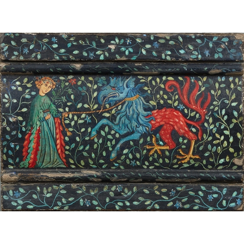 70 - A SMALL MID TO LATE 15TH CENTURY OAK AND POLYCHROME PANEL OF A LADY AND GRIFFIN, ENGLISH, CIRCA 1450... 