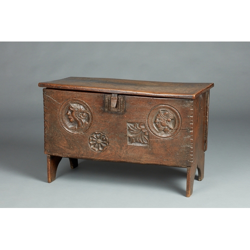 81 - A RARE SMALL TUDOR OAK ROMAYNE CARVED BOARDED COFFER, HENRY VIII, CIRCA 15301540. The rare English ... 