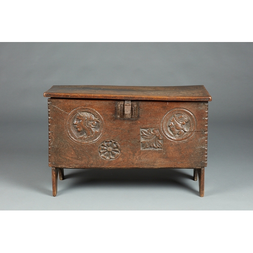 81 - A RARE SMALL TUDOR OAK ROMAYNE CARVED BOARDED COFFER, HENRY VIII, CIRCA 15301540. The rare English ... 