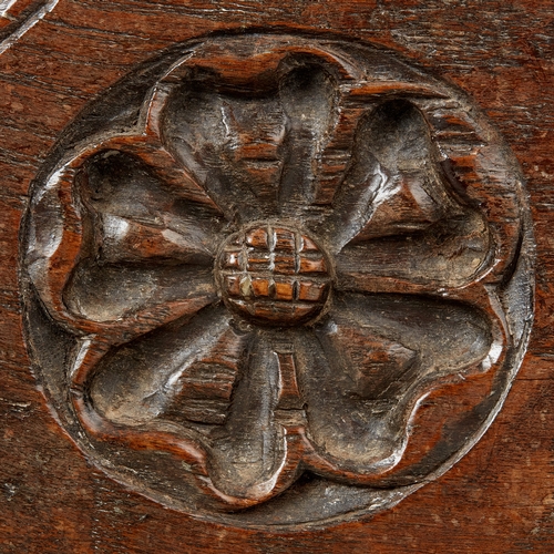 81 - A RARE SMALL TUDOR OAK ROMAYNE CARVED BOARDED COFFER, HENRY VIII, CIRCA 15301540. The rare English ... 