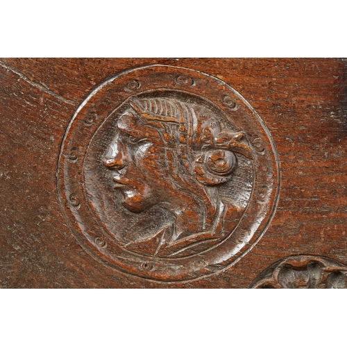 81 - A RARE SMALL TUDOR OAK ROMAYNE CARVED BOARDED COFFER, HENRY VIII, CIRCA 15301540. The rare English ... 