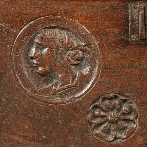 81 - A RARE SMALL TUDOR OAK ROMAYNE CARVED BOARDED COFFER, HENRY VIII, CIRCA 15301540. The rare English ... 