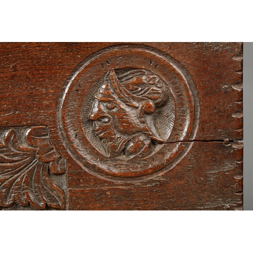 81 - A RARE SMALL TUDOR OAK ROMAYNE CARVED BOARDED COFFER, HENRY VIII, CIRCA 15301540. The rare English ... 