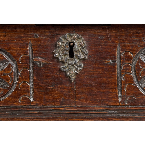 83 - A SMALL CHARLES II ELM DOCUMENTS BOX, CIRCA 1660-1670. The single plank chamfered lid above a front ... 