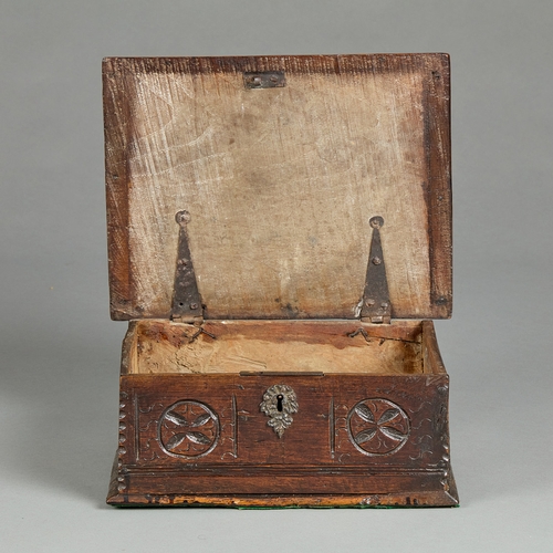 83 - A SMALL CHARLES II ELM DOCUMENTS BOX, CIRCA 1660-1670. The single plank chamfered lid above a front ... 