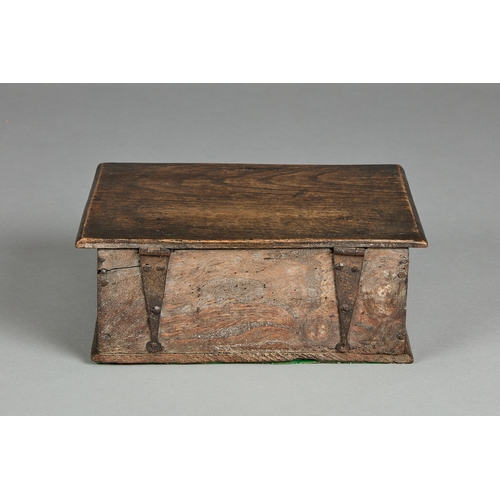 83 - A SMALL CHARLES II ELM DOCUMENTS BOX, CIRCA 1660-1670. The single plank chamfered lid above a front ... 