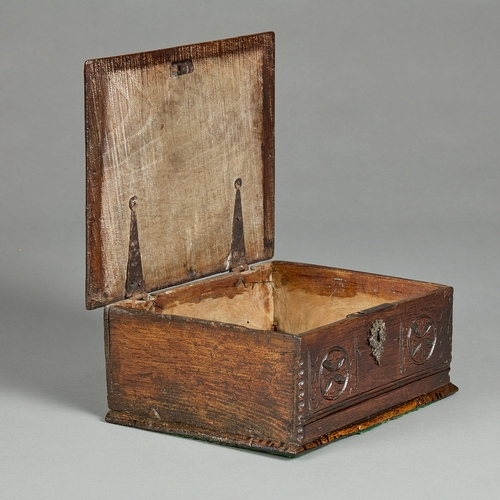 83 - A SMALL CHARLES II ELM DOCUMENTS BOX, CIRCA 1660-1670. The single plank chamfered lid above a front ... 