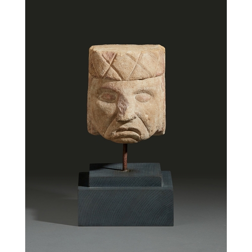 84 - A MEDIEVAL 14TH TO 15TH CENTURY MAYAN SANDSTONE HEAD, CIRCA 1380-1480. The red and cream sandstone h... 