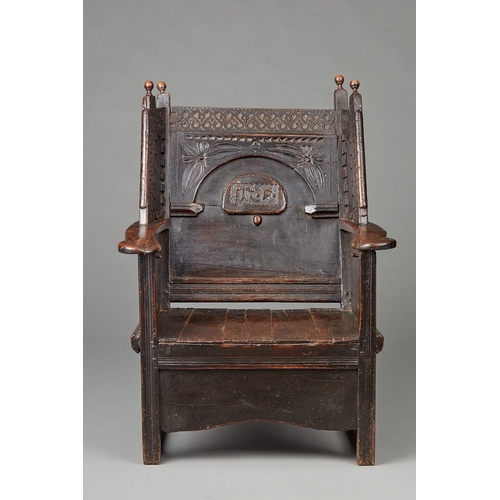 87 - A RARE AND UNIQUE LATE ELIZABETHAN - JAMES I OAK AND POLYCHROME, SLOPED BACK ENCLOSED ARMCHAIR, DERB... 