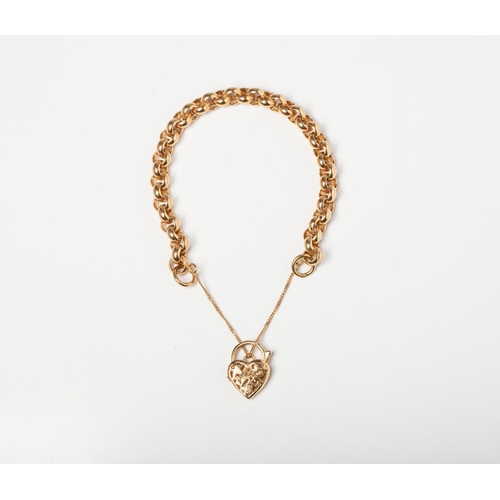 81 - A 9CT GOLD BELCHER BRACELET A 19cm long Belcher bracelet with a filigree heart padlock and safety ch... 