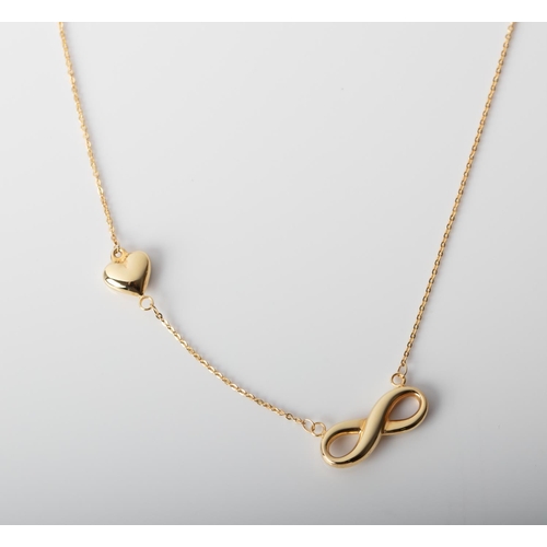 93 - A 14CT GOLD AND SILVER INFINITY AND HEART NECKLACE A N/A long Fancy Link chain with an infinity and ... 