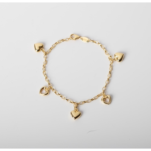 97 - A 14CT AND SILVER BONDED HEART BRACELET A 17cm long Charm bracelet with Hearts crafted in 1/10 14ct ... 