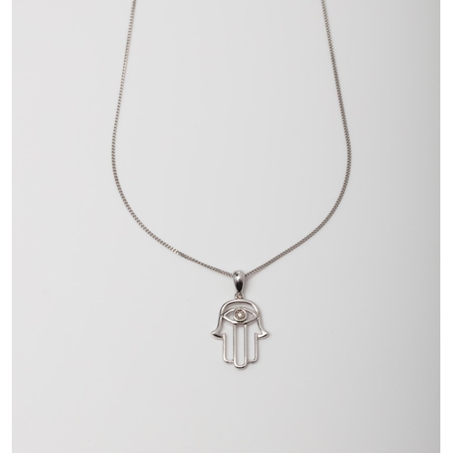 113 - A SILVER DIAMOND HAMSA HAND PENDANT ON A 45CM CHAIN Crafted in Sterling Silver set with 2 Round Diam... 