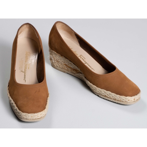 281 - A PAIR OF TAWNY VINTAGE SALVATORE FERRAGAMO ESPADRILLE WEDGES