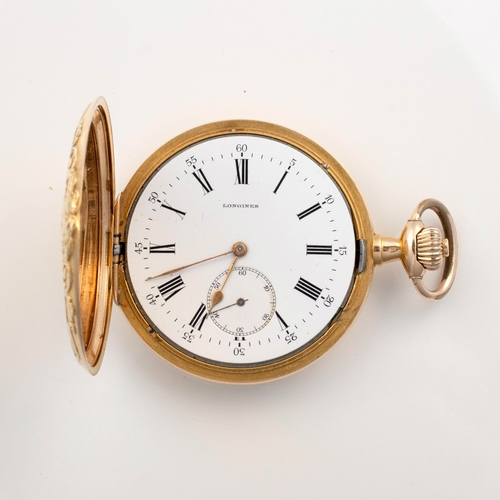 411 - AN 18CT GOLD HUNTER-CASED POCKET WATCH, LONGINES