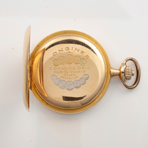 411 - AN 18CT GOLD HUNTER-CASED POCKET WATCH, LONGINES