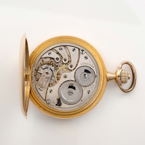 411 - AN 18CT GOLD HUNTER-CASED POCKET WATCH, LONGINES