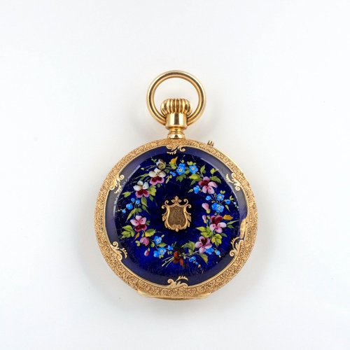 412 - AN OPEN-FACED GOLD AND ENAMEL POCKET WATCH, MARTIN & MARCHINVILLE