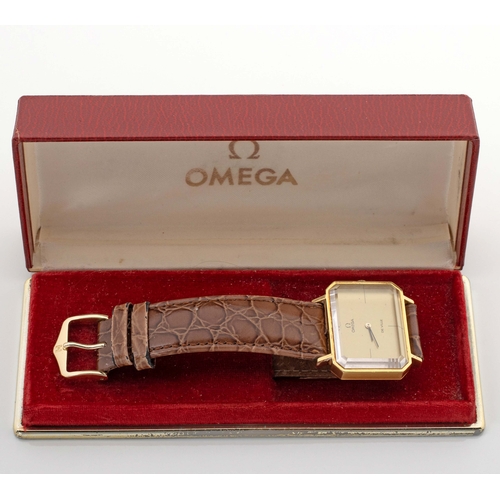 418 - A UNISEX 18CT GOLD WRISTWATCH, OMEGA DE VILLE 'EMERALD', DESIGNED BY ANDREW GRIMA