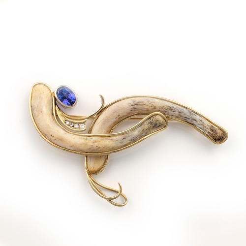 481 - A TANZANITE, DIAMOND AND BONE BROOCH