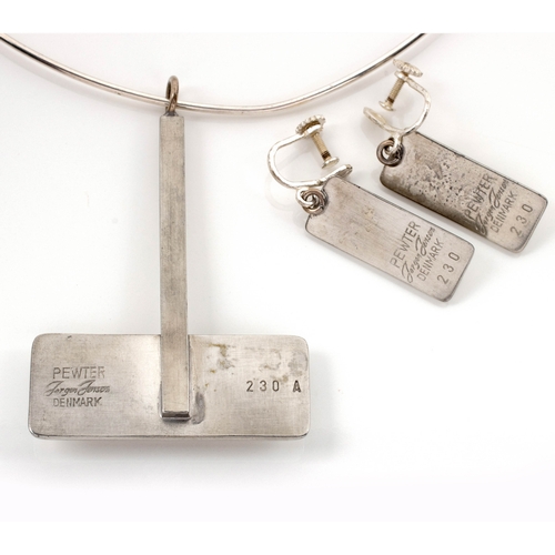 504 - A PEWTER AND GLASS PENDANT AND MATCHING EAR CLIPS, JORGEN JENSEN , DENMARK