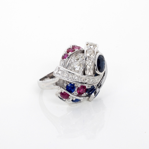 518 - A SAPPHIRE, RUBY AND DIAMOND RING