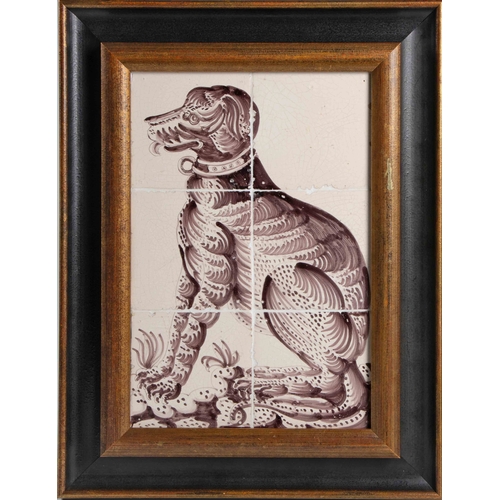 630 - A DUTCH DELFT MANGANESE TILE PANEL OF A DOG, 19TH CENTURY