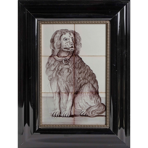 631 - A DUTCH DELFT MANGANESE TILE PANEL OF A DOG, 19TH CENTURY