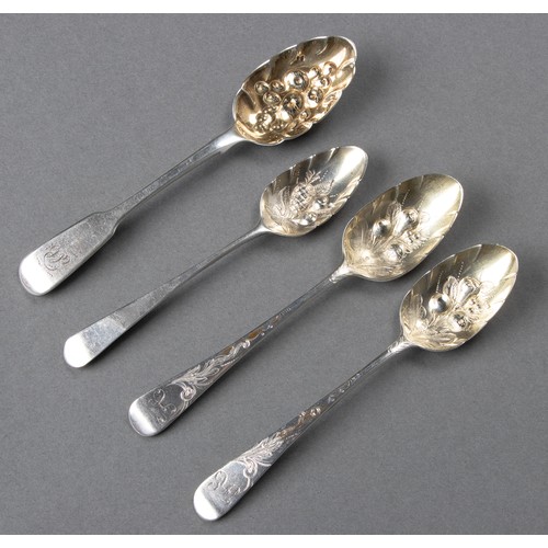 1055 - FOUR SILVER JAM SPOONS, VARIOUS MAKERS AND DATES