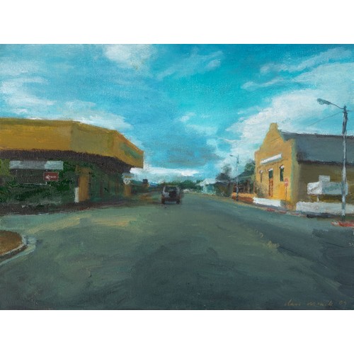 299 - Clare Menck (South African 1969 - ) STREET SCENE WITH STONE HALL, OUDTSHOORN