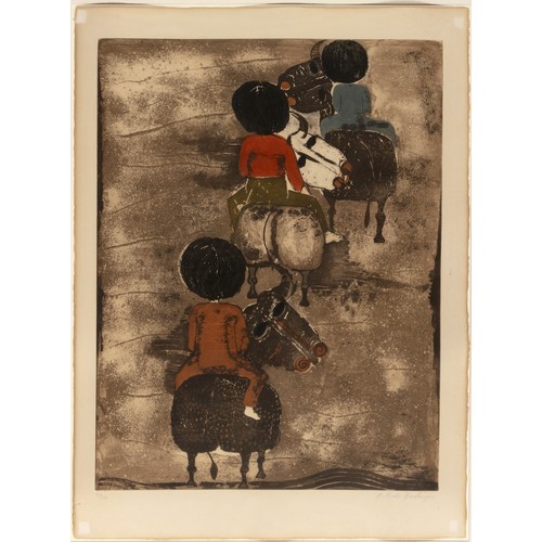 326 - Graciela Rodo Boulanger (Bolivian 1935 - ) THREE FIGURES RIDING BULLS