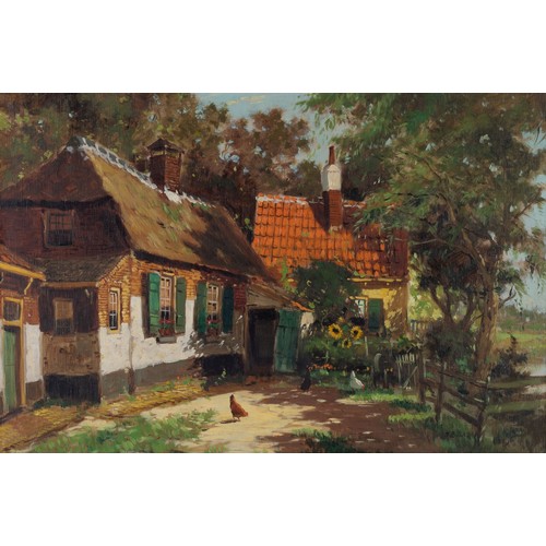 314 - Dutch School (20th Century) FARMHOUSE WITH CHICKENS AND SUNFLOWERS