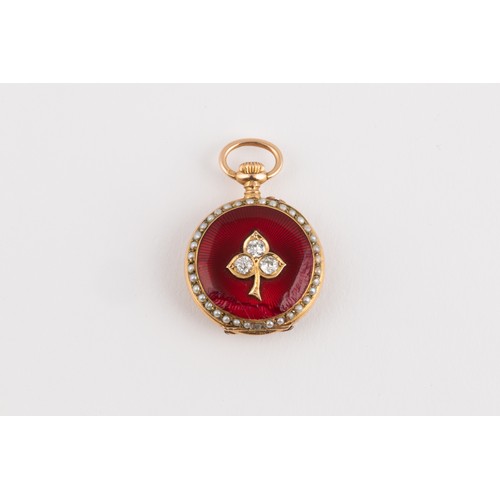 972 - AN 18CT GOLD, DIAMOND, SEED PEARL AND ENAMEL OPEN-FACED FOB WATCH