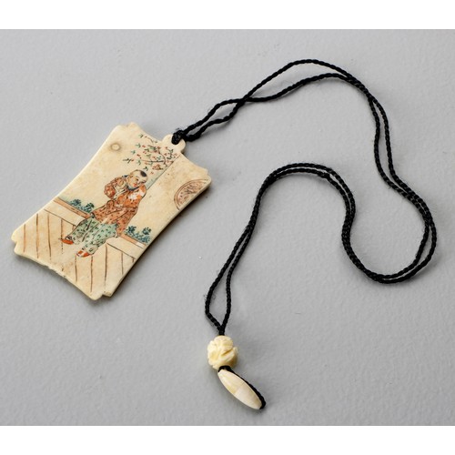 784 - A CHINESE BONE AND WATERCOLOUR 'LAN CAIHE' PENDANT, REPUBLIC PERIOD, 1912 - 1949