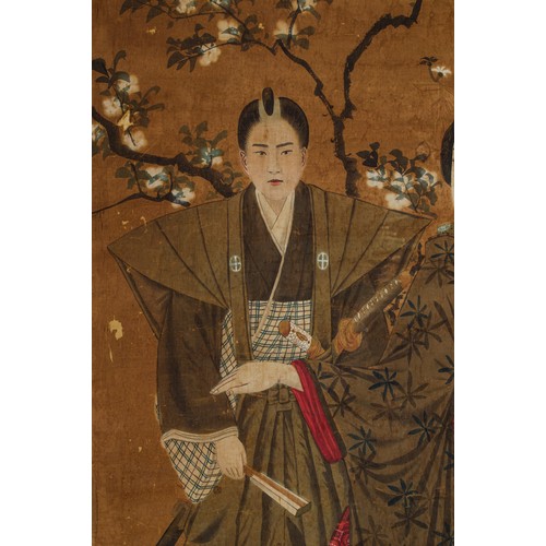 159 - A JAPANESE INK AND WATERCOLOUR ON FABRIC 'GEISHAS AND SHOGUN' PAINTING, MEIJI PERIOD, 1868 - 1912