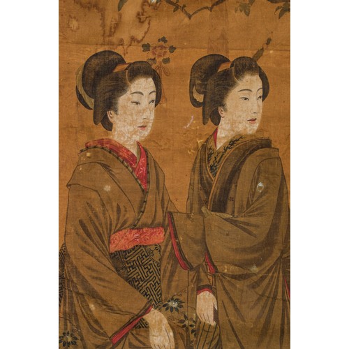 159 - A JAPANESE INK AND WATERCOLOUR ON FABRIC 'GEISHAS AND SHOGUN' PAINTING, MEIJI PERIOD, 1868 - 1912